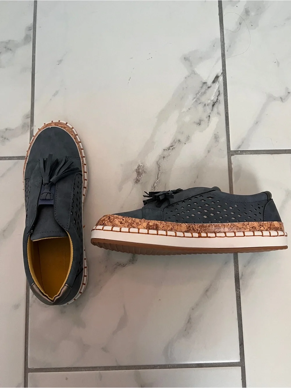 Women’s Orthoback Navy Tassel Slip-On Loafers with Mustard Lining